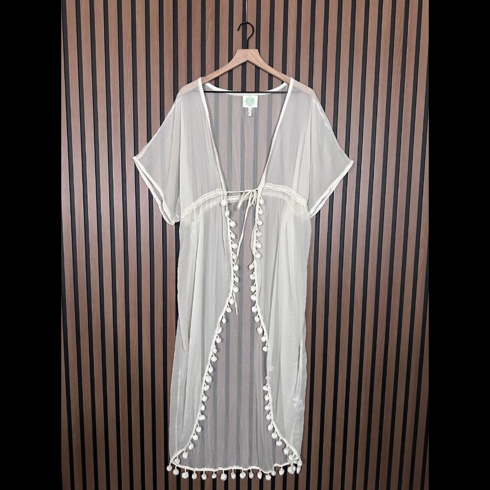 Z & L Europe Kimono Robe Small Women White Sheer Pom Pom Trim Intimate Front Tie